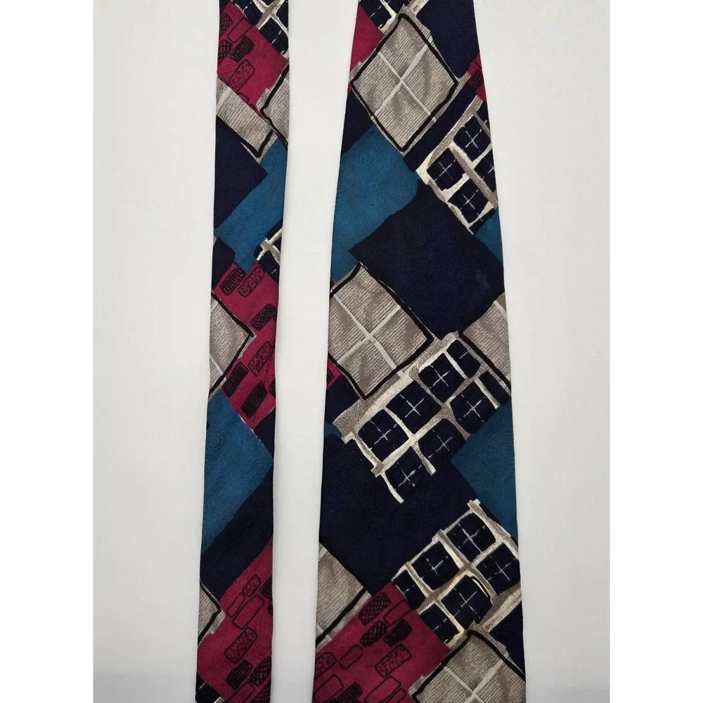 Bugatti Silk Neck Tie‎ Mens Vintage Abstract Geometric Blue Red Dress Tie